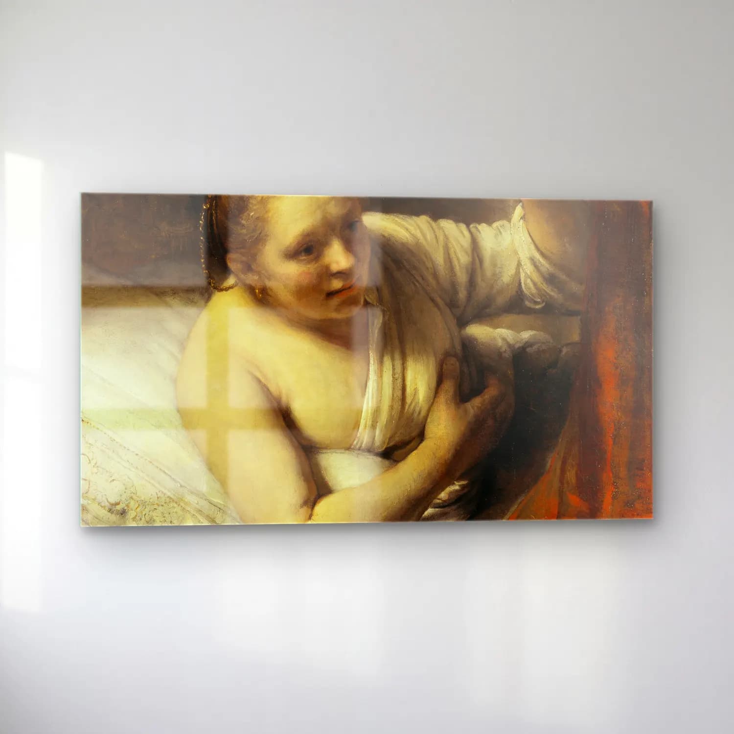 Rembrandt van Rijn – A Woman in Bed (ca 1645-1646) cam tablo — sol açıdan görünüm
