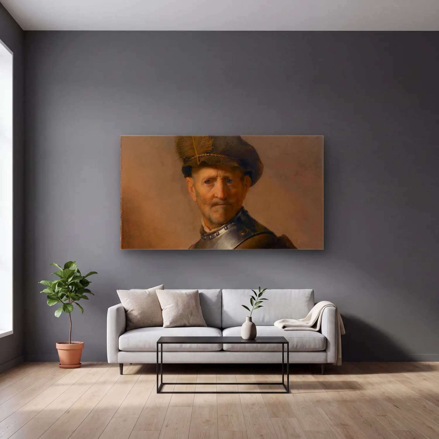 Rembrandt van Rijn – An Old Man in Military Costume cam tablo — gri duvarlı salonda