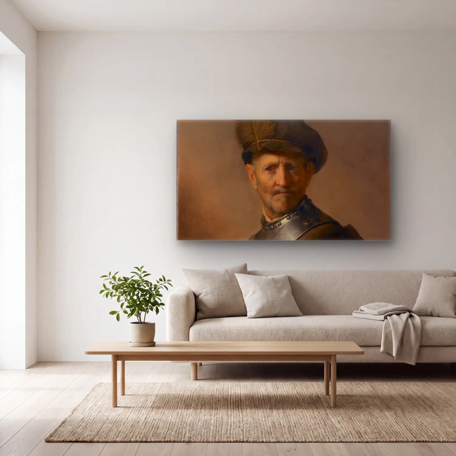 Rembrandt van Rijn – An Old Man in Military Costume cam tablo — açık renk salonda