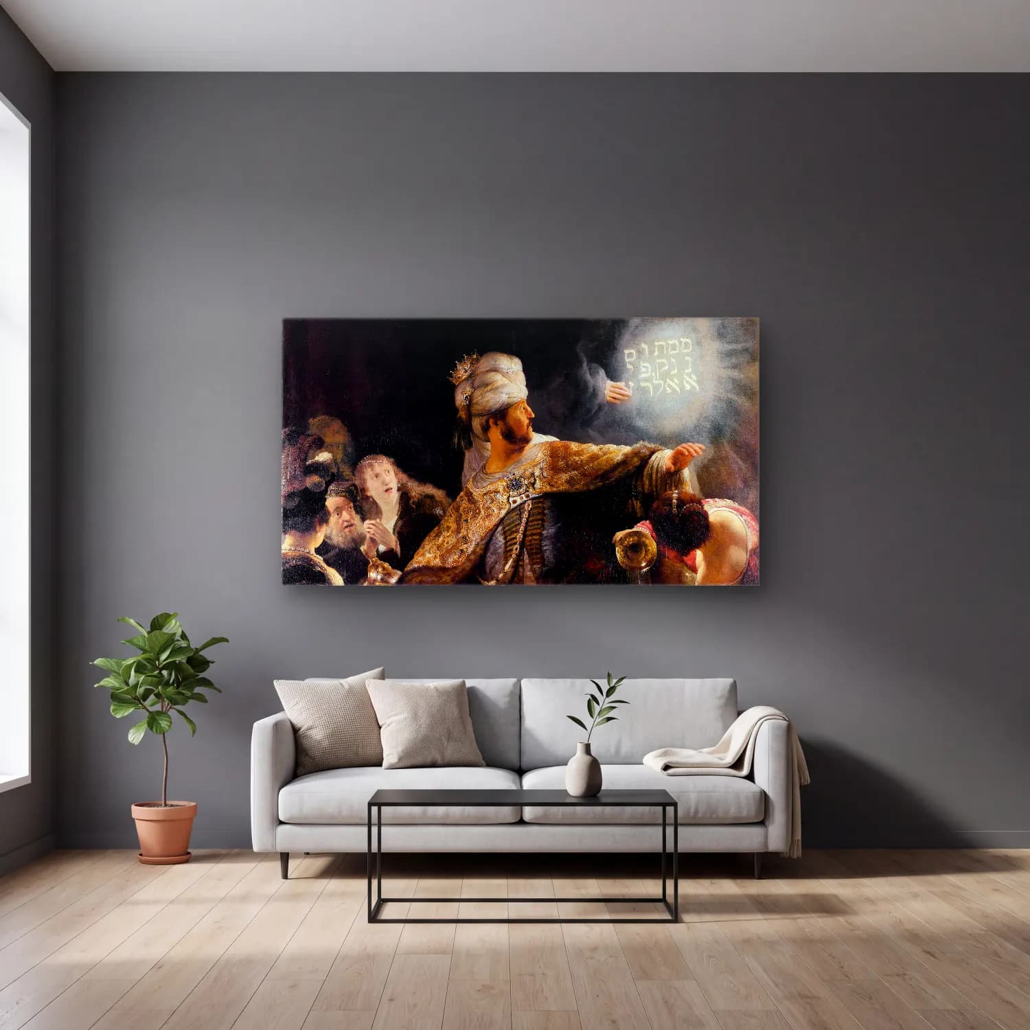Rembrandt van Rijn – Belshazzar’s feast (from 1634 until 1639) cam tablo — gri duvarlı salonda