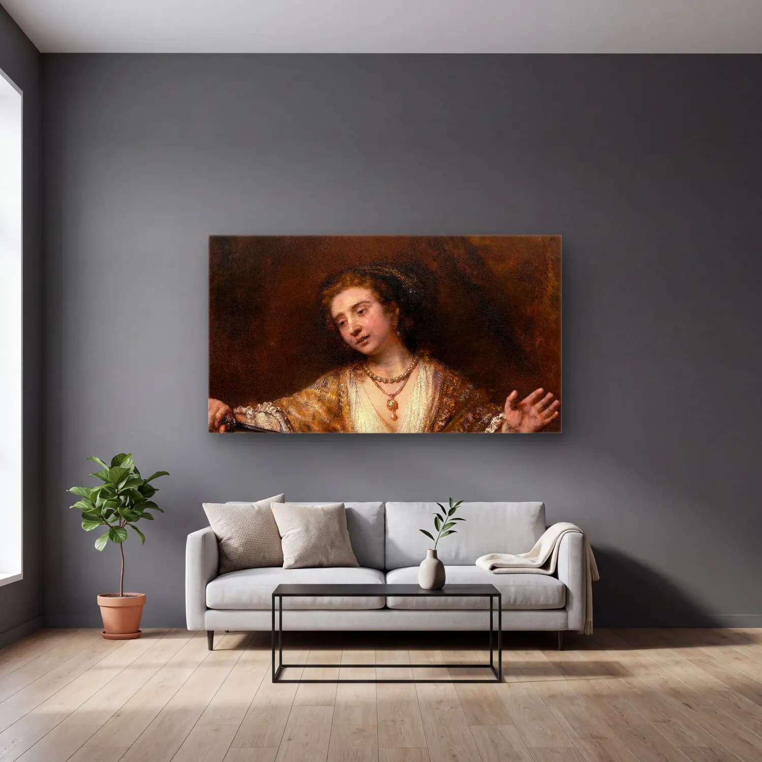 Rembrandt van Rijn – Head Of Christ cam tablo — gri duvarlı salonda