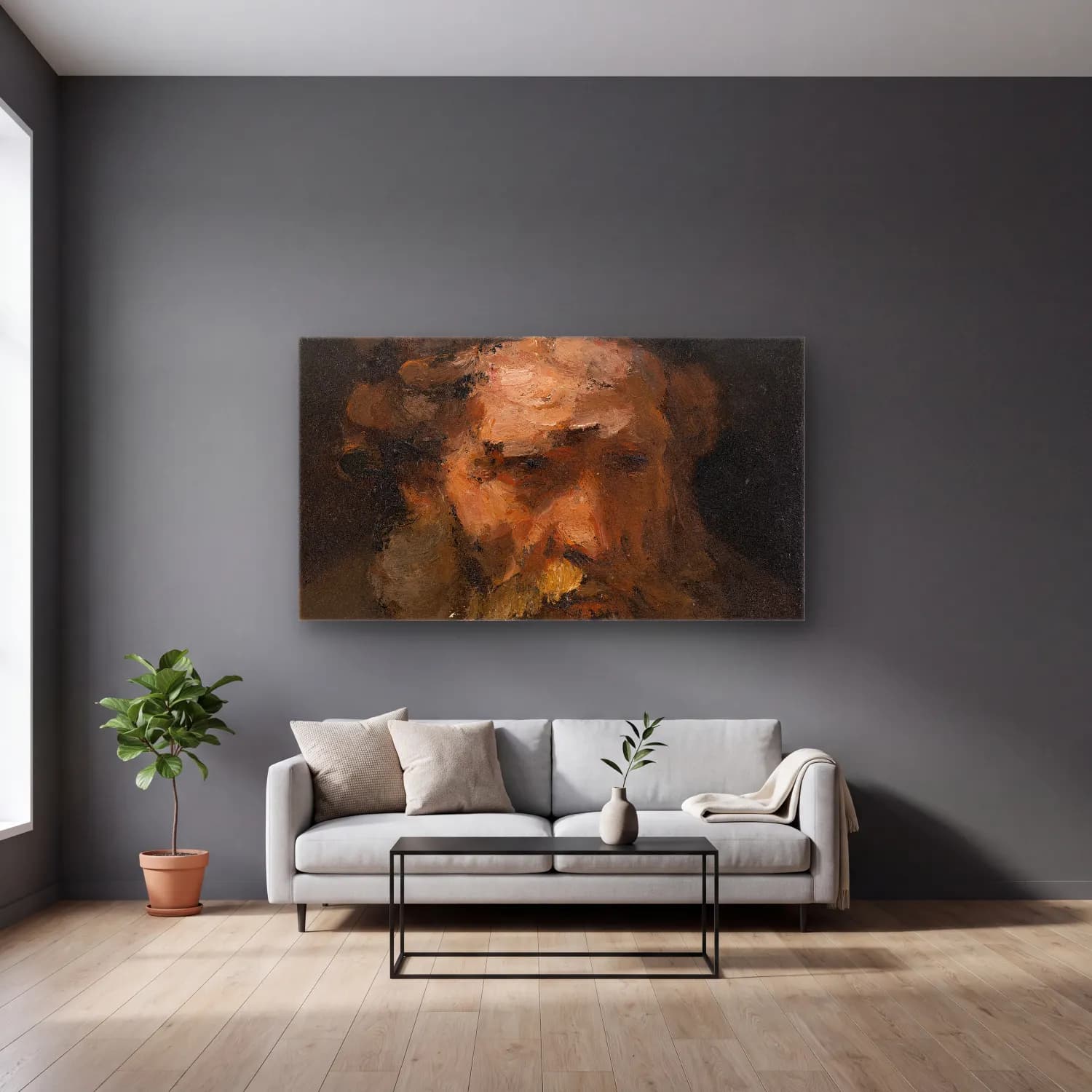 Rembrandt van Rijn – Head of Saint Matthew (probably early 1660s) cam tablo — gri duvarlı salonda