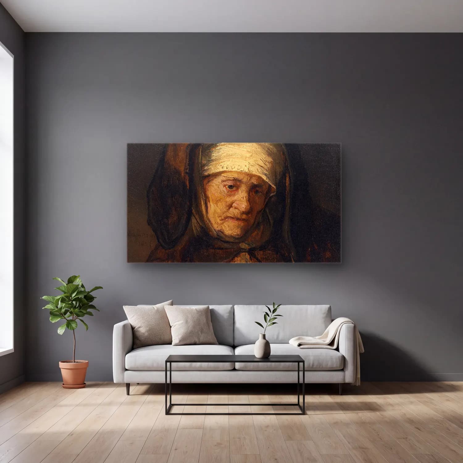 Rembrandt van Rijn – Head of an Aged Woman cam tablo — gri duvarlı salonda