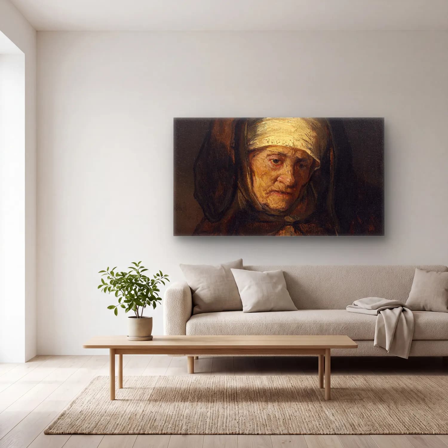 Rembrandt van Rijn – Head of an Aged Woman cam tablo — açık renk salonda