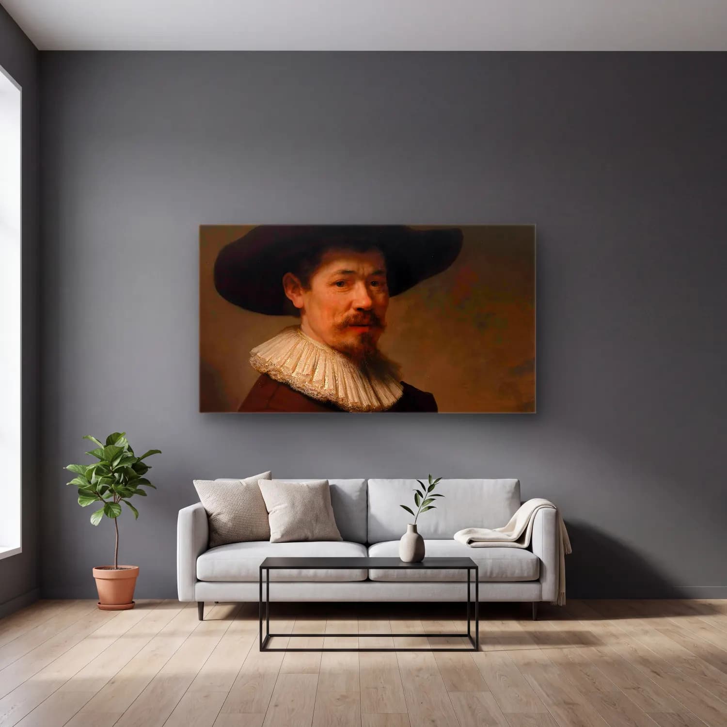 Rembrandt van Rijn – Herman Doomer cam tablo — gri duvarlı salonda