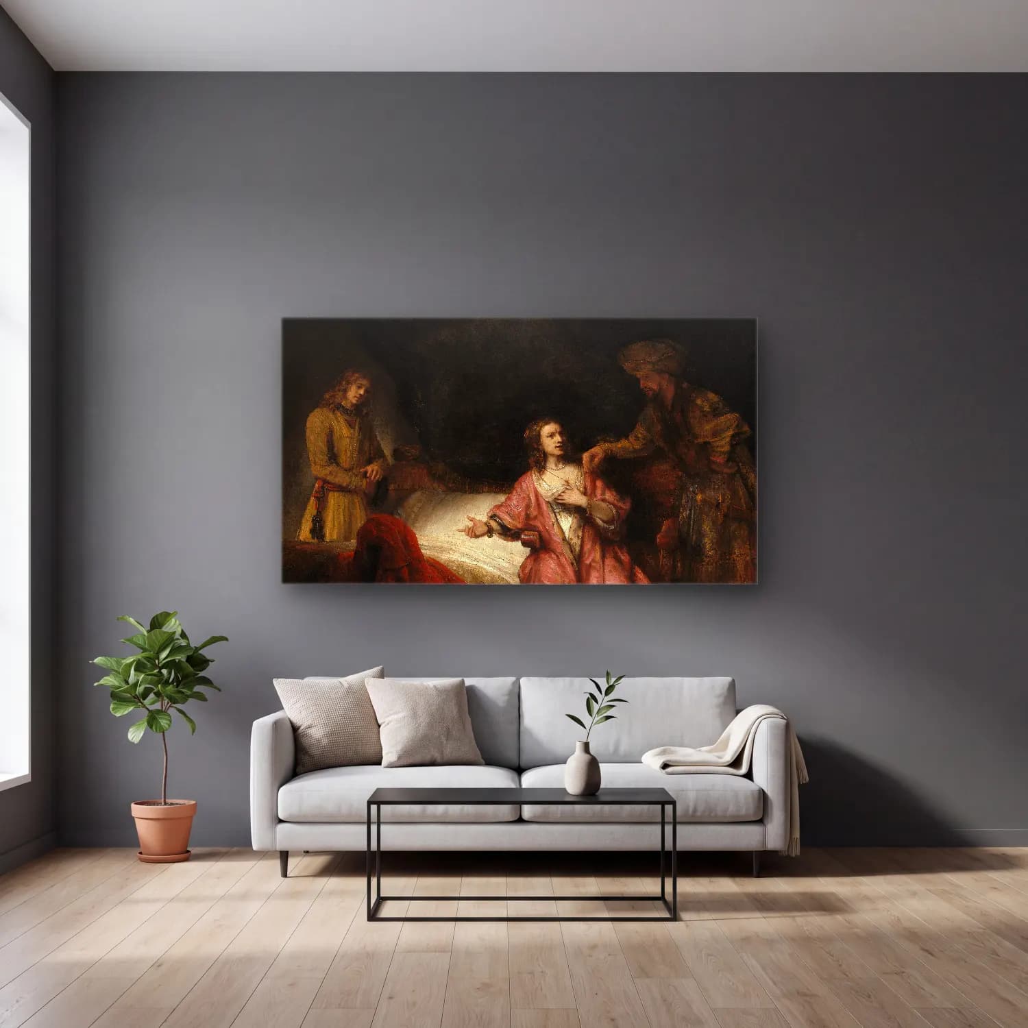 Rembrandt van Rijn – Joseph Accused cam tablo — gri duvarlı salonda