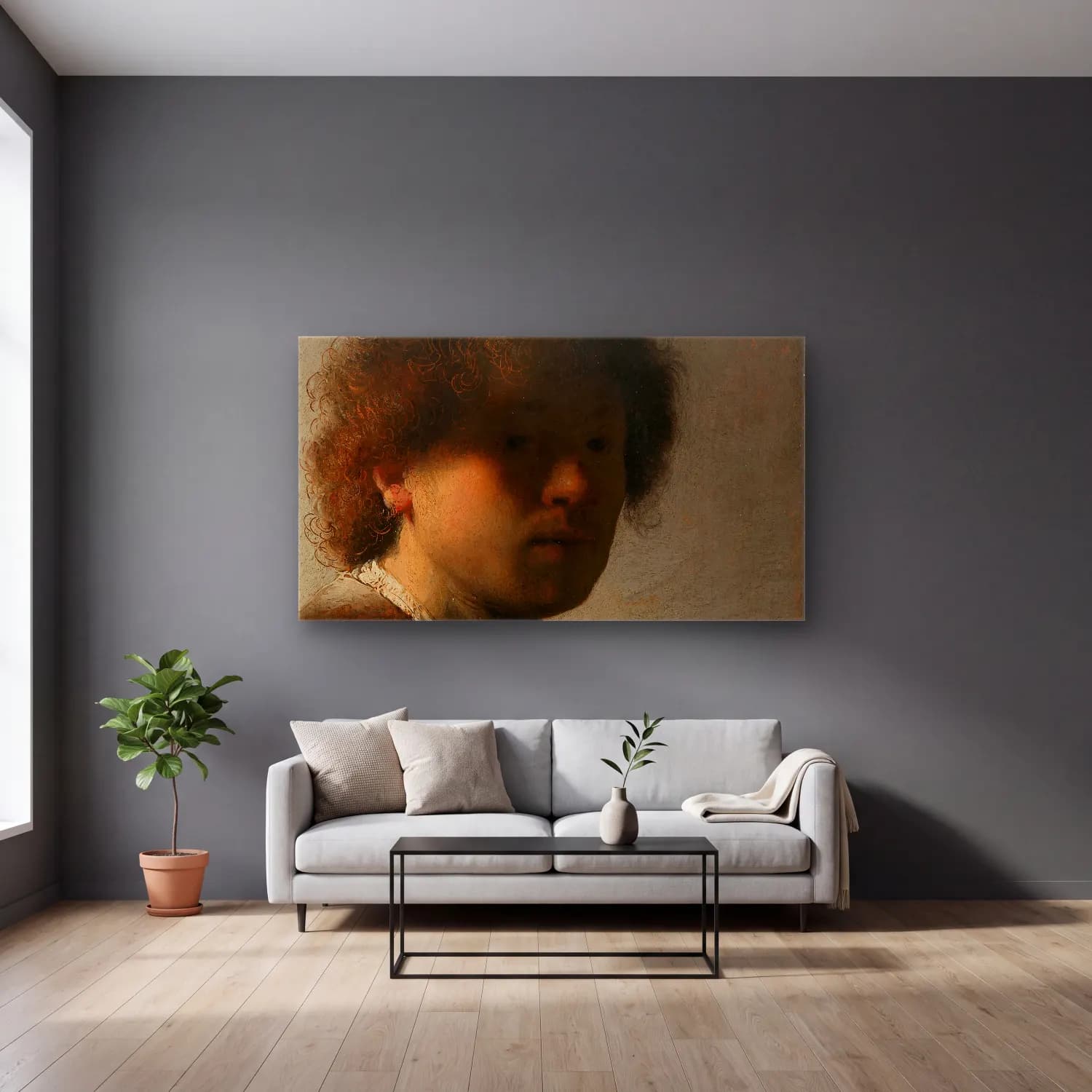 Rembrandt van Rijn – Landscape with a Stone Bridge cam tablo — gri duvarlı salonda