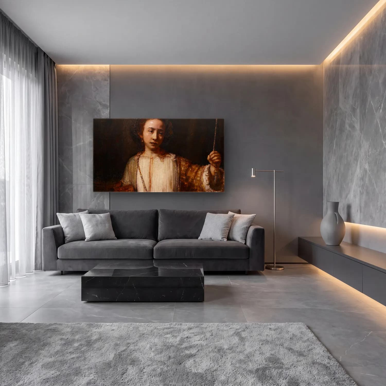 Rembrandt van Rijn – Lucretia – Bej Tonlar cam tablo — lüks salon duvarında