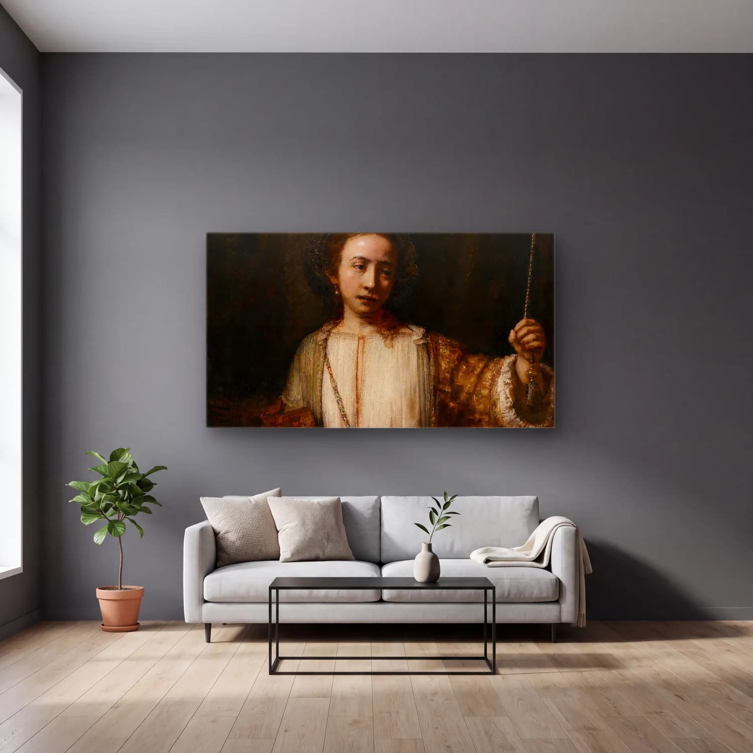 Rembrandt van Rijn – Lucretia – Bej Tonlar cam tablo — gri duvarlı salonda