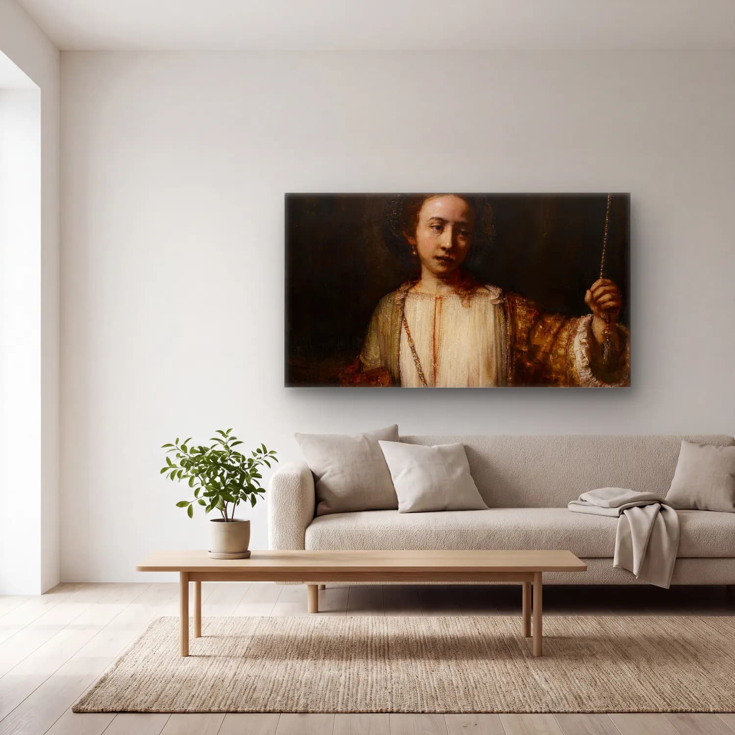 Rembrandt van Rijn – Lucretia – Bej Tonlar cam tablo — açık renk salonda