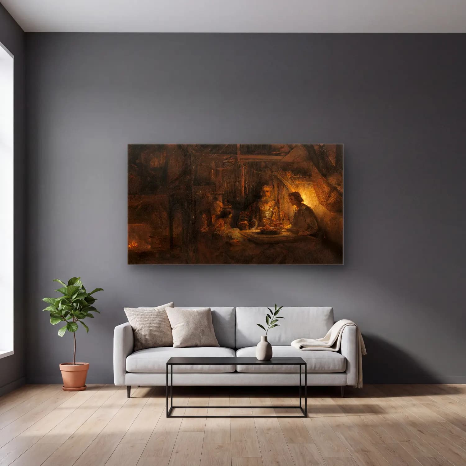 Rembrandt van Rijn – Philemon and Baucis cam tablo — gri duvarlı salonda