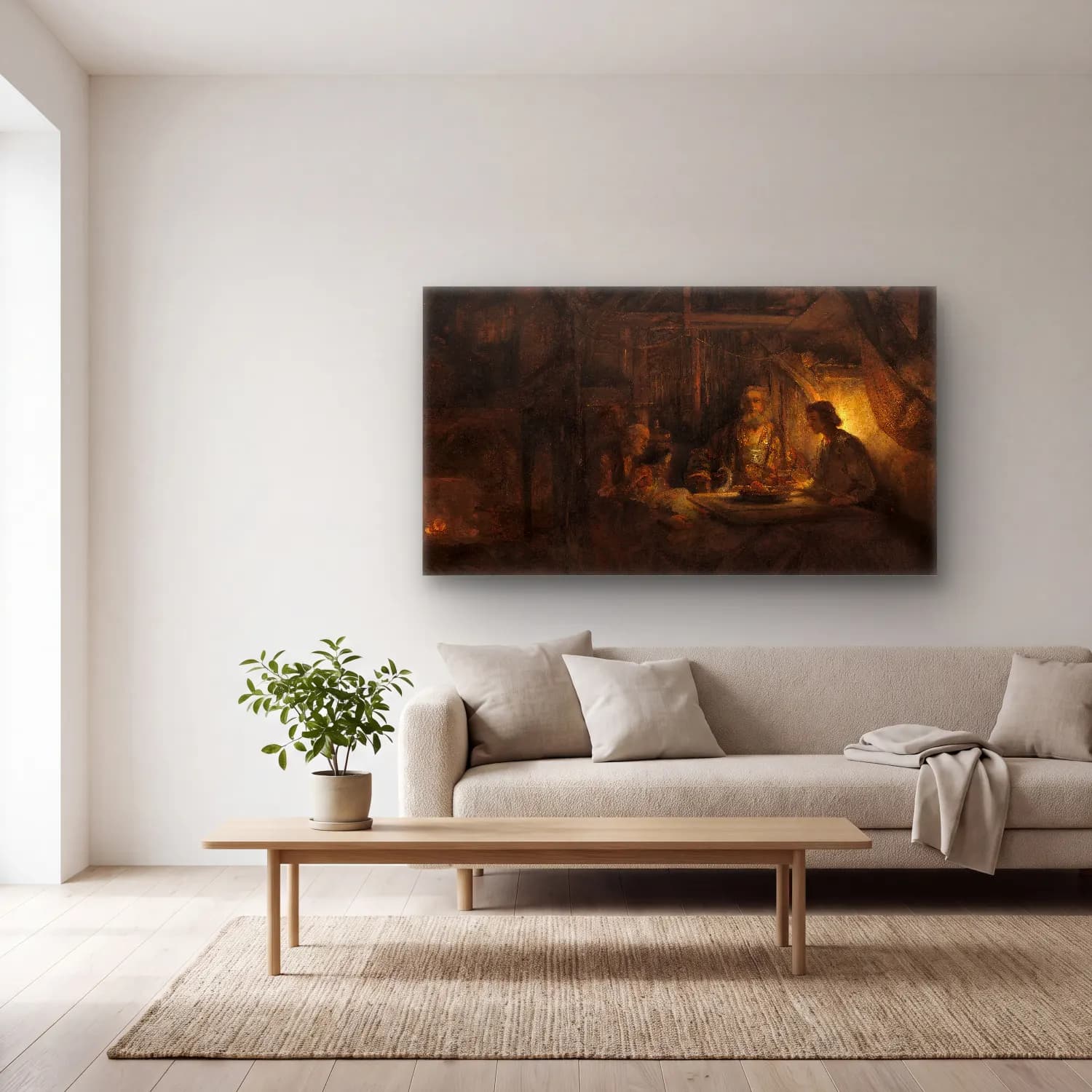 Rembrandt van Rijn – Philemon and Baucis cam tablo — açık renk salonda