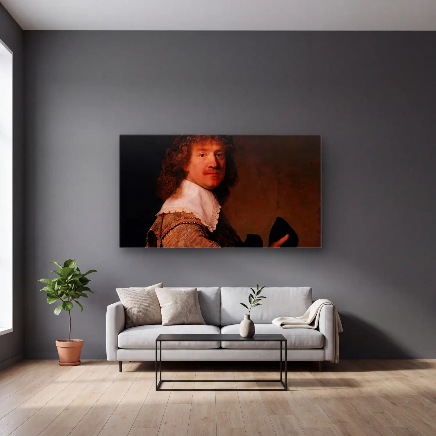 Rembrandt van Rijn – Portrait of Marten Looten cam tablo — gri duvarlı salonda