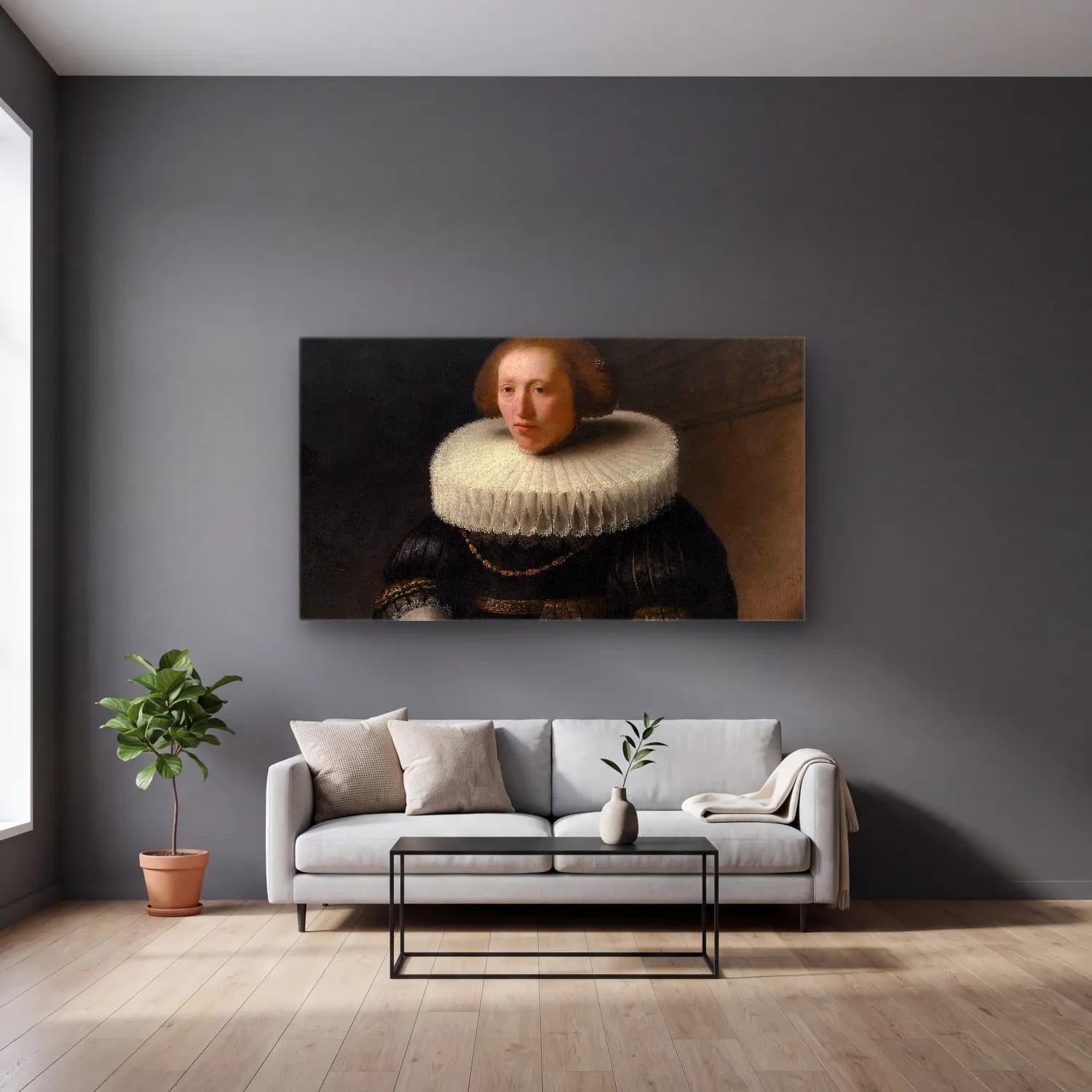 Rembrandt van Rijn – Portrait of a Woman cam tablo — gri duvarlı salonda