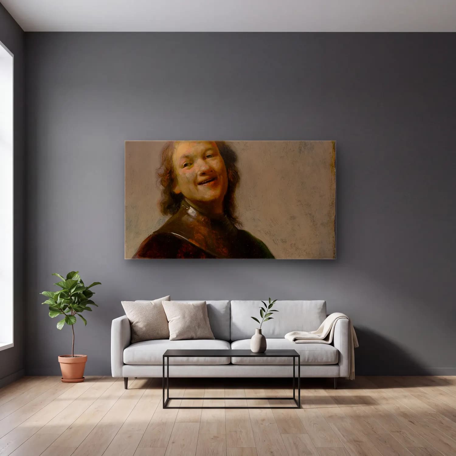 Rembrandt van Rijn – Rembrandt Laughing cam tablo — gri duvarlı salonda