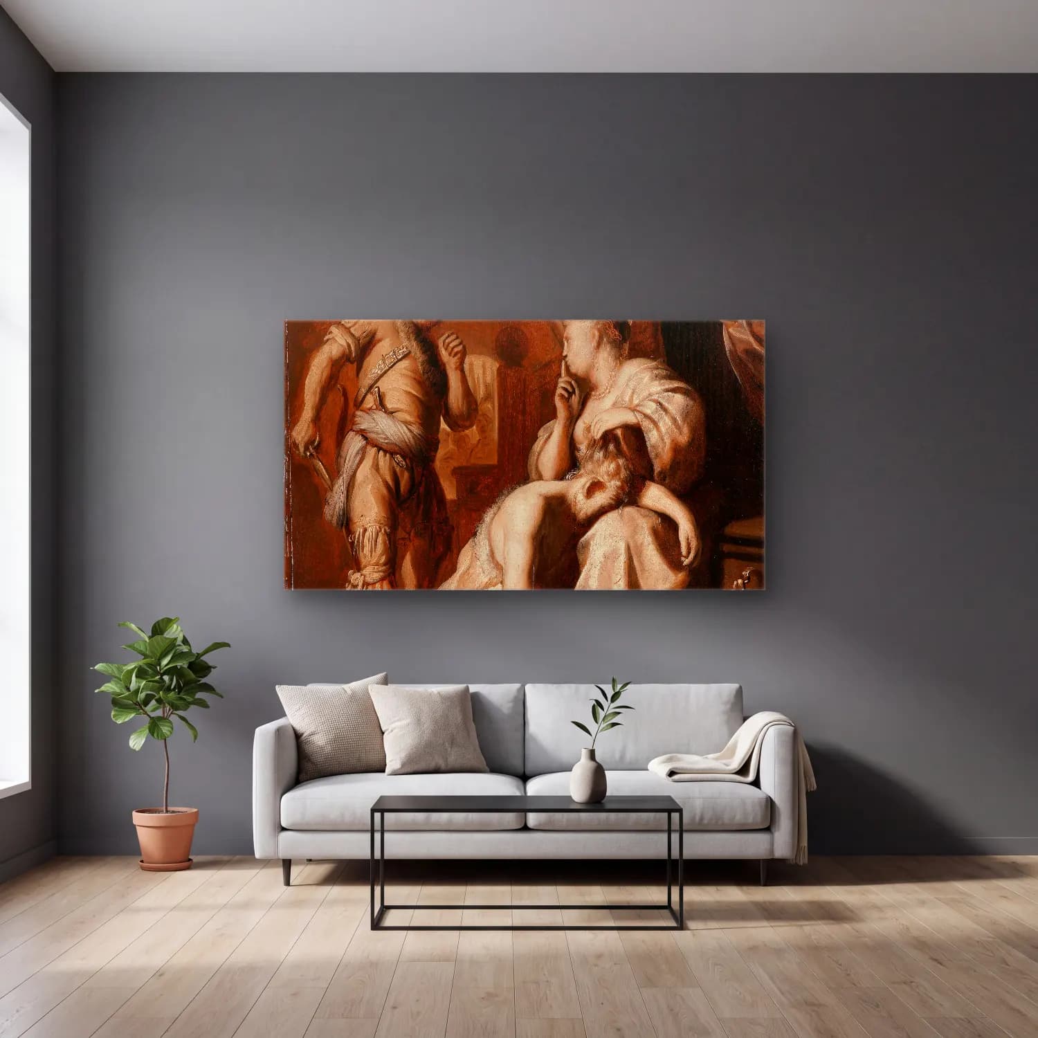 Rembrandt van Rijn – Samson and Delilah cam tablo — gri duvarlı salonda