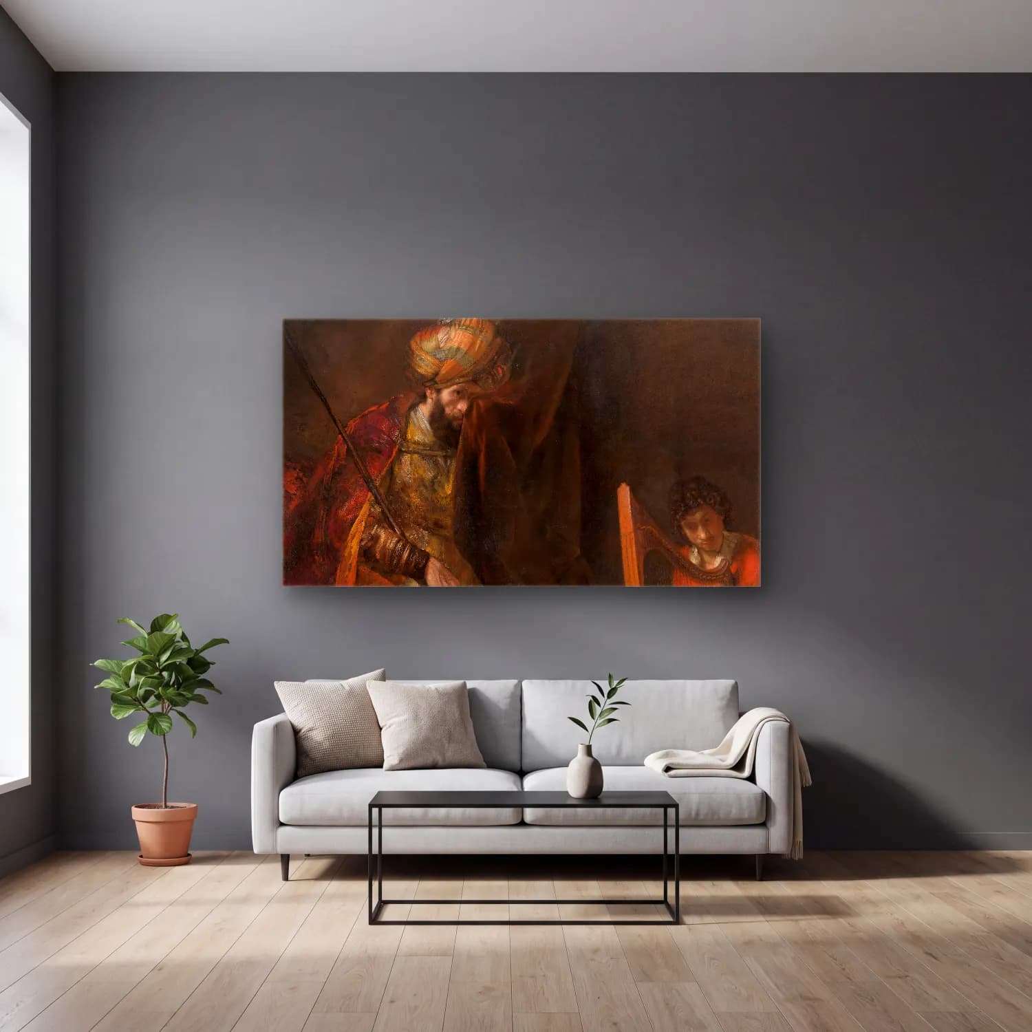 Rembrandt van Rijn – Saul and David cam tablo — gri duvarlı salonda