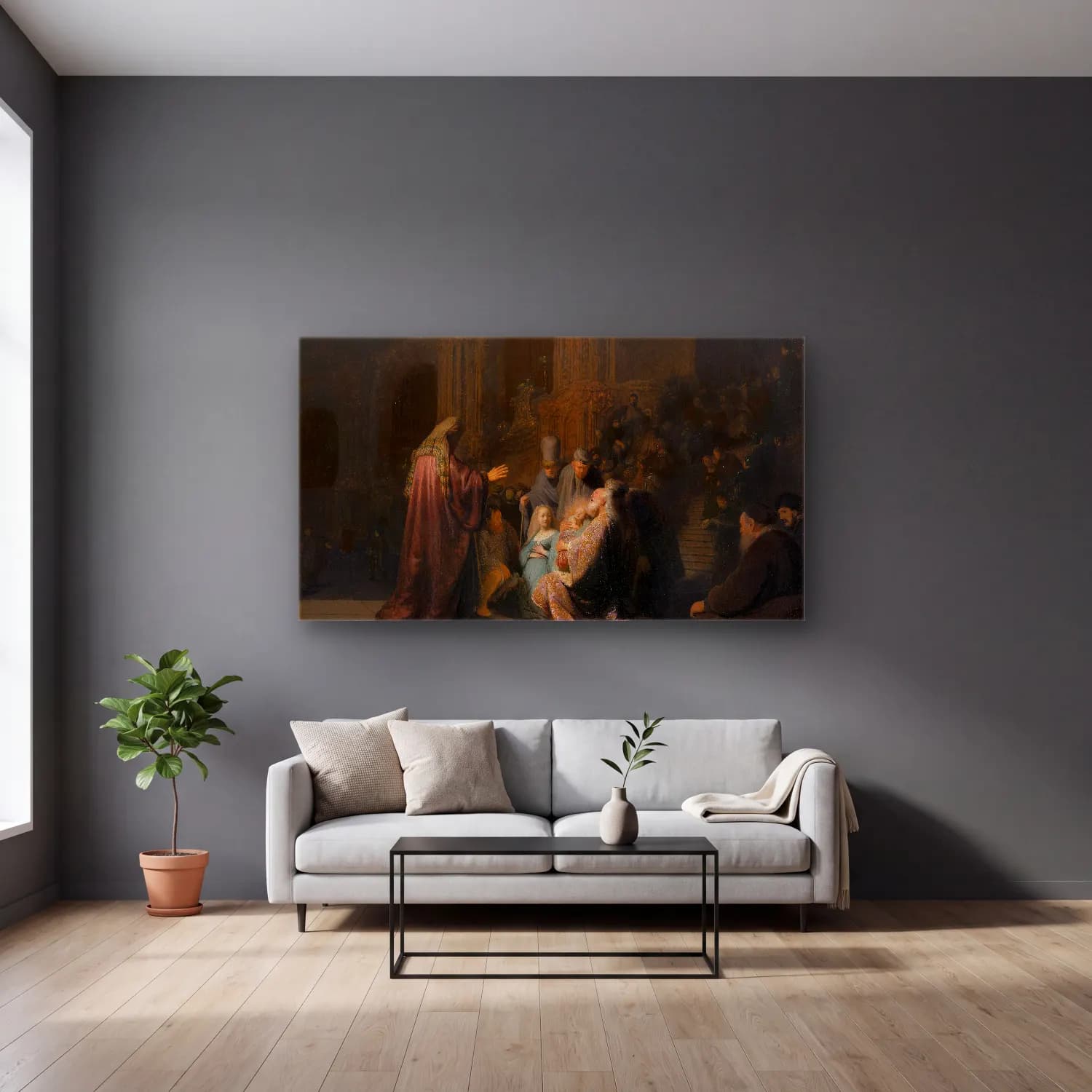 Rembrandt van Rijn – Simeon’s Song of Praise cam tablo — gri duvarlı salonda