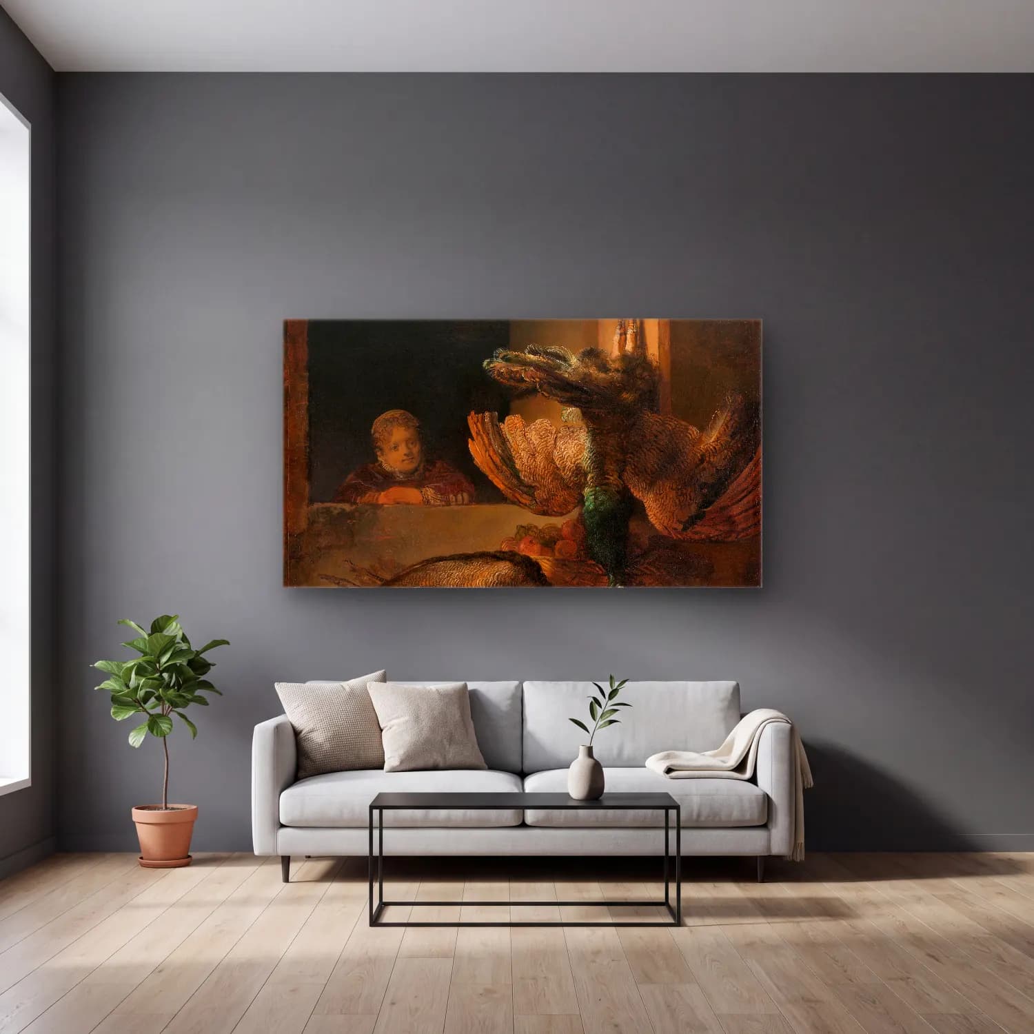 Rembrandt van Rijn – Still Life with Peacocks cam tablo — gri duvarlı salonda