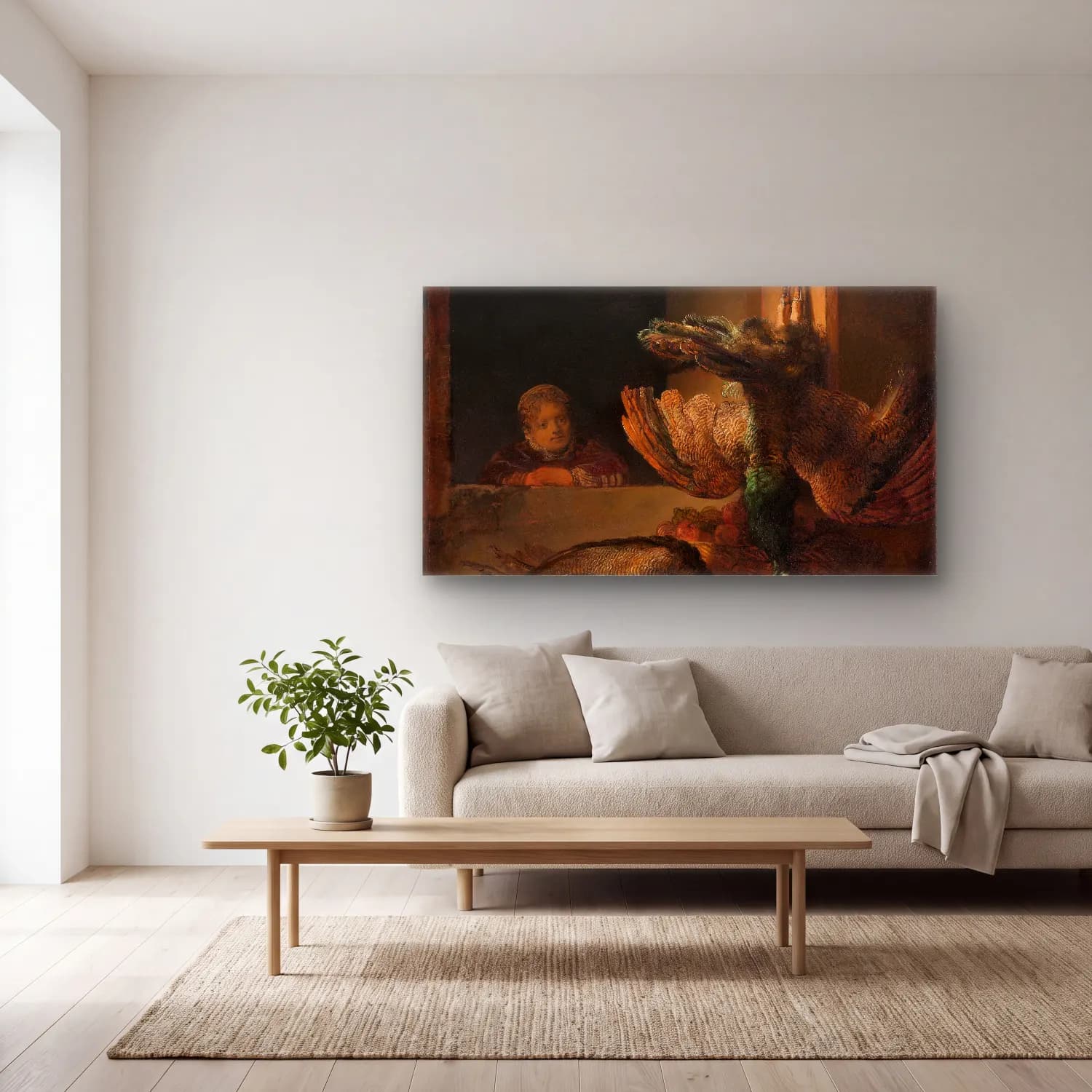 Rembrandt van Rijn – Still Life with Peacocks cam tablo — açık renk salonda