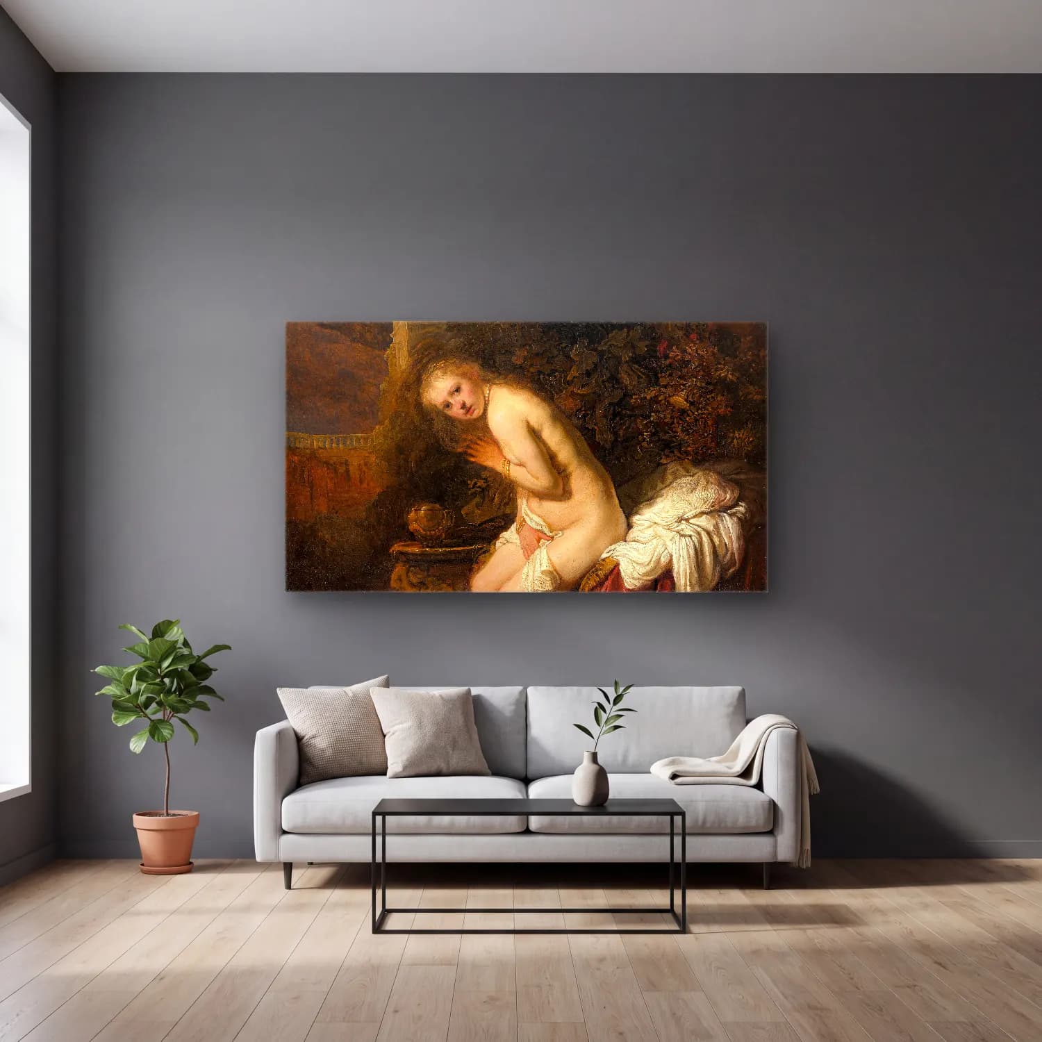 Rembrandt van Rijn – Susanna cam tablo — gri duvarlı salonda