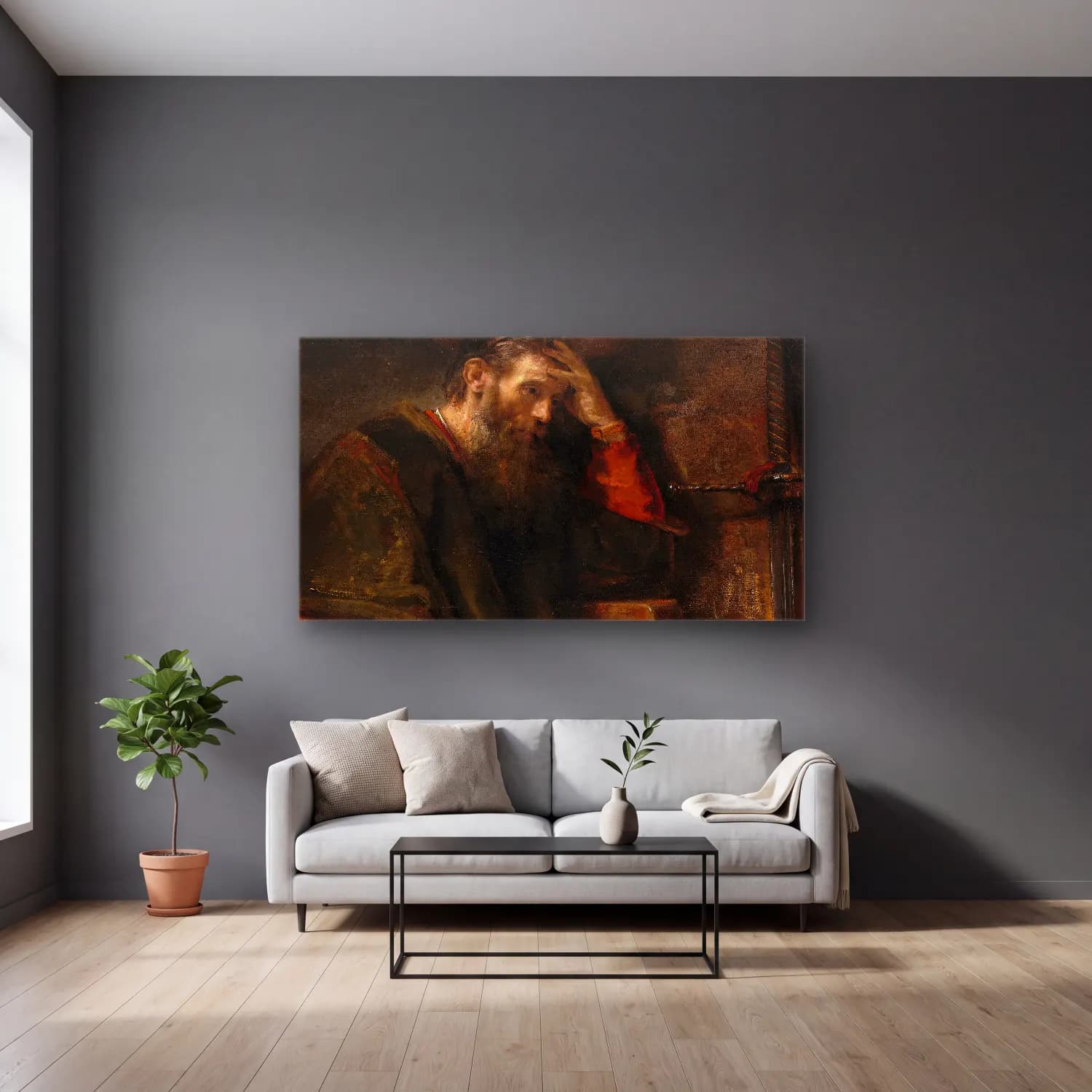 Rembrandt van Rijn – The Apostle Paul cam tablo — gri duvarlı salonda