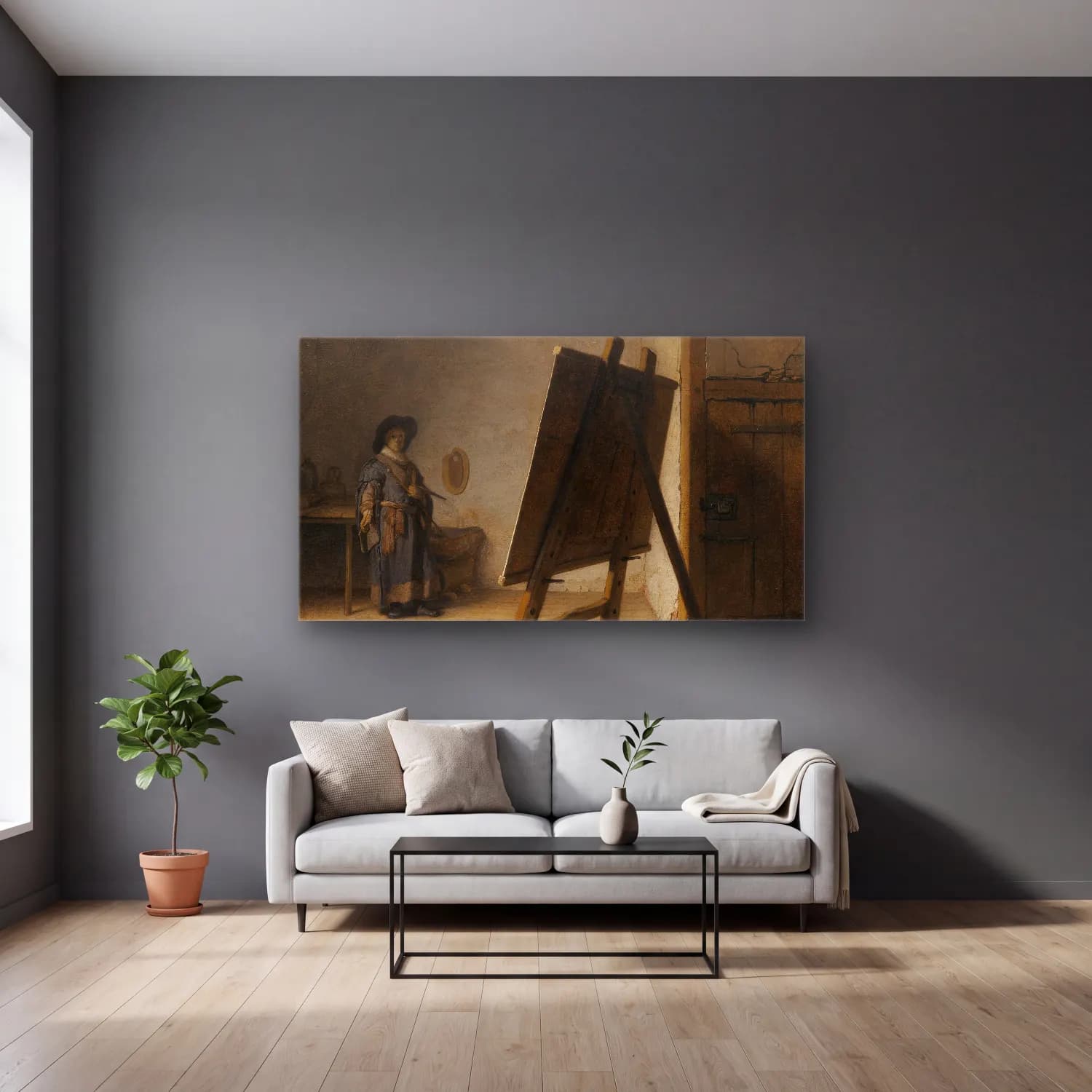 Rembrandt van Rijn – The Artist In His Studio cam tablo — gri duvarlı salonda