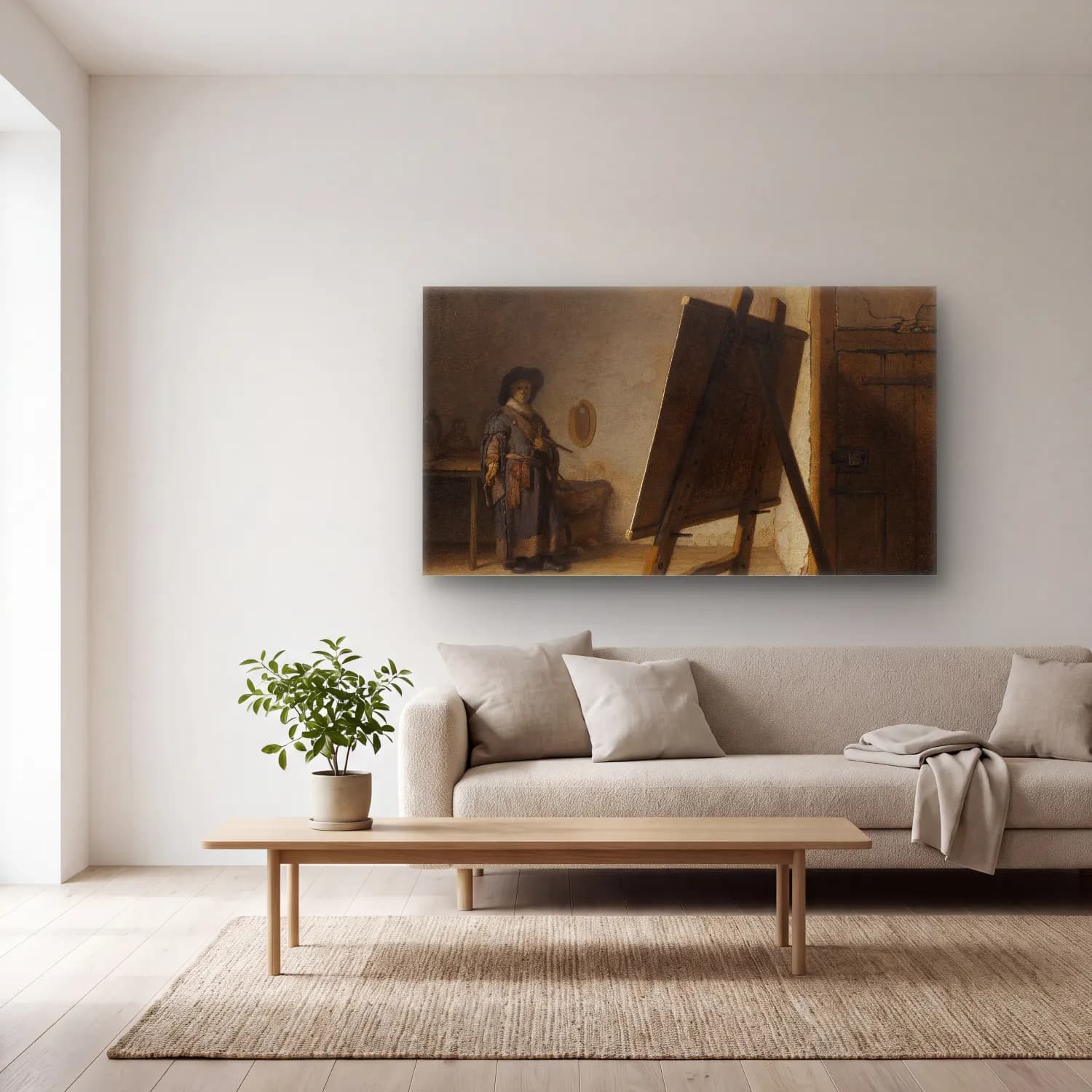 Rembrandt van Rijn – The Artist In His Studio cam tablo — açık renk salonda