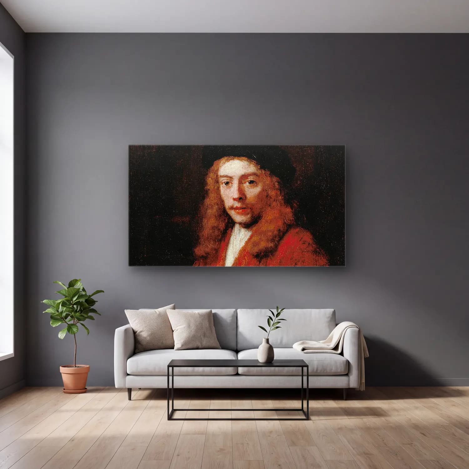 Rembrandt van Rijn – The Blinding of Samson cam tablo — gri duvarlı salonda