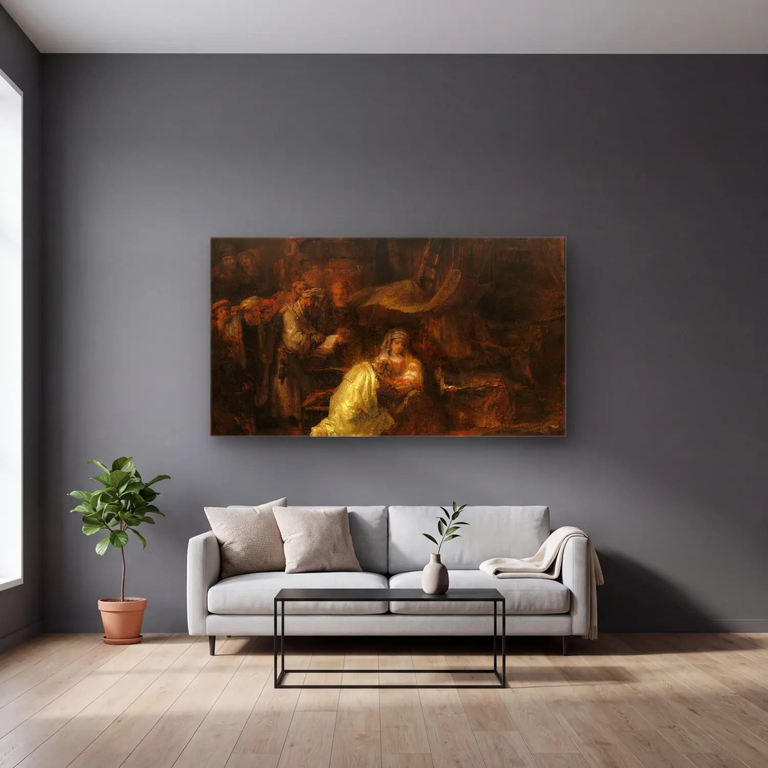 Rembrandt van Rijn – The Circumcision cam tablo — gri duvarlı salonda