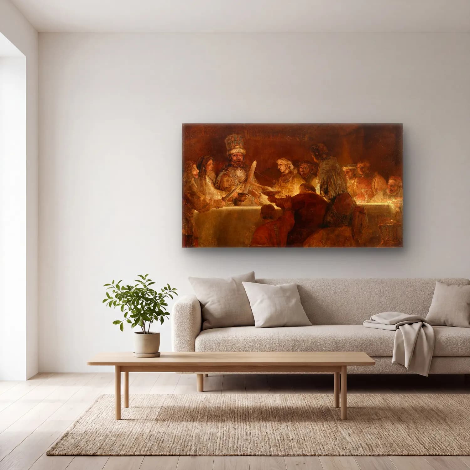 Rembrandt van Rijn – The Conspiracy of the Batavians under Claudius Civilis cam tablo — açık renk salonda