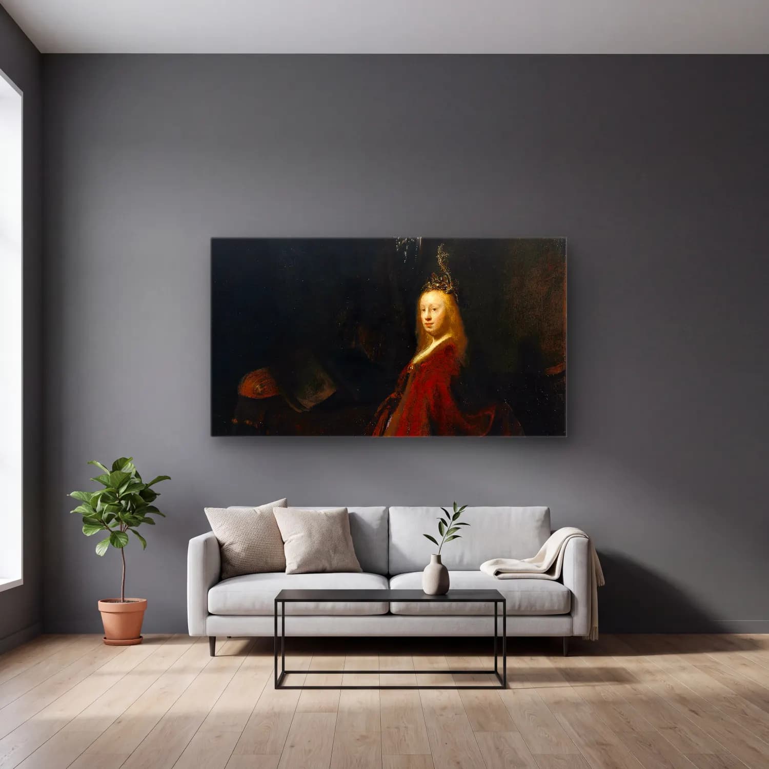 Rembrandt van Rijn – The Holy Family cam tablo — gri duvarlı salonda