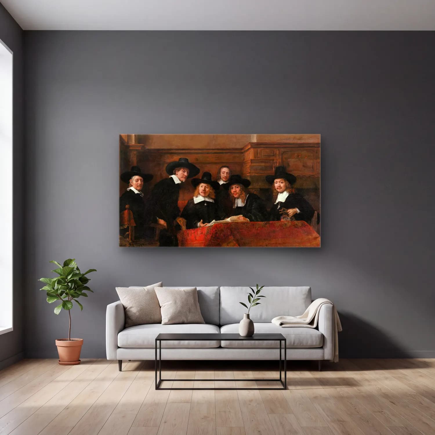 Rembrandt van Rijn – The Sampling Officials of the Drapers’ Guild cam tablo — gri duvarlı salonda
