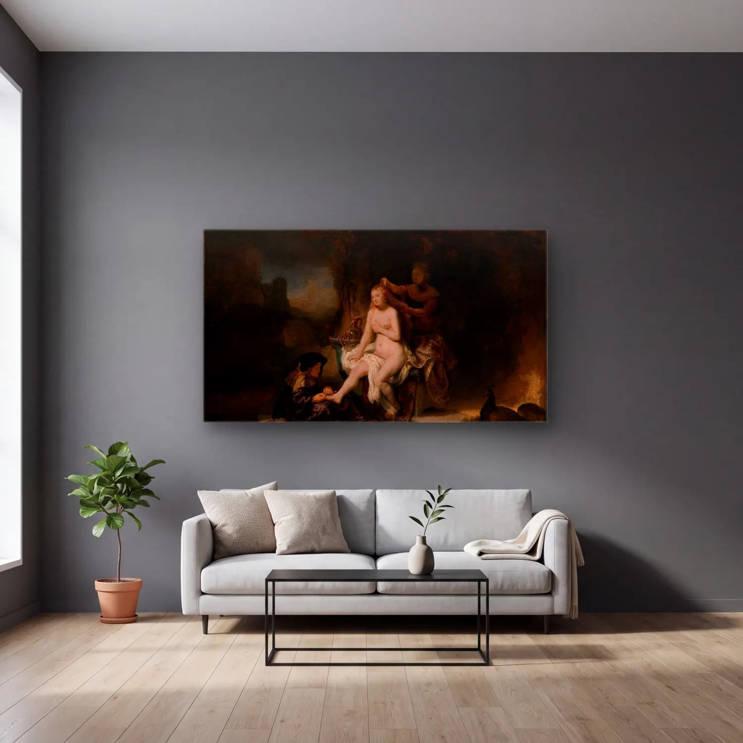Rembrandt van Rijn – The Toilet of Bathsheba cam tablo — gri duvarlı salonda