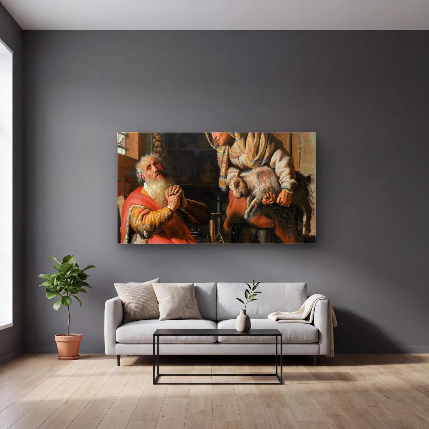 Rembrandt van Rijn – Tobit and Anna with the Kid cam tablo — gri duvarlı salonda