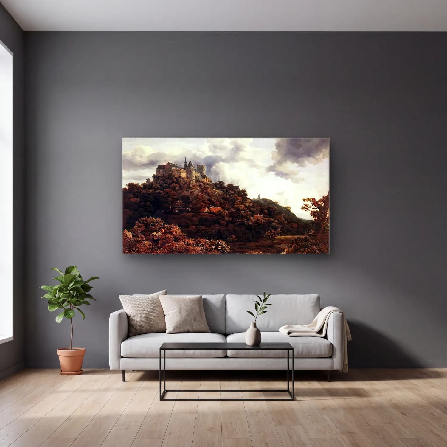 Jacob Isaackszon van Ruisdael – Bentheim Castle cam tablo — gri duvarlı salonda