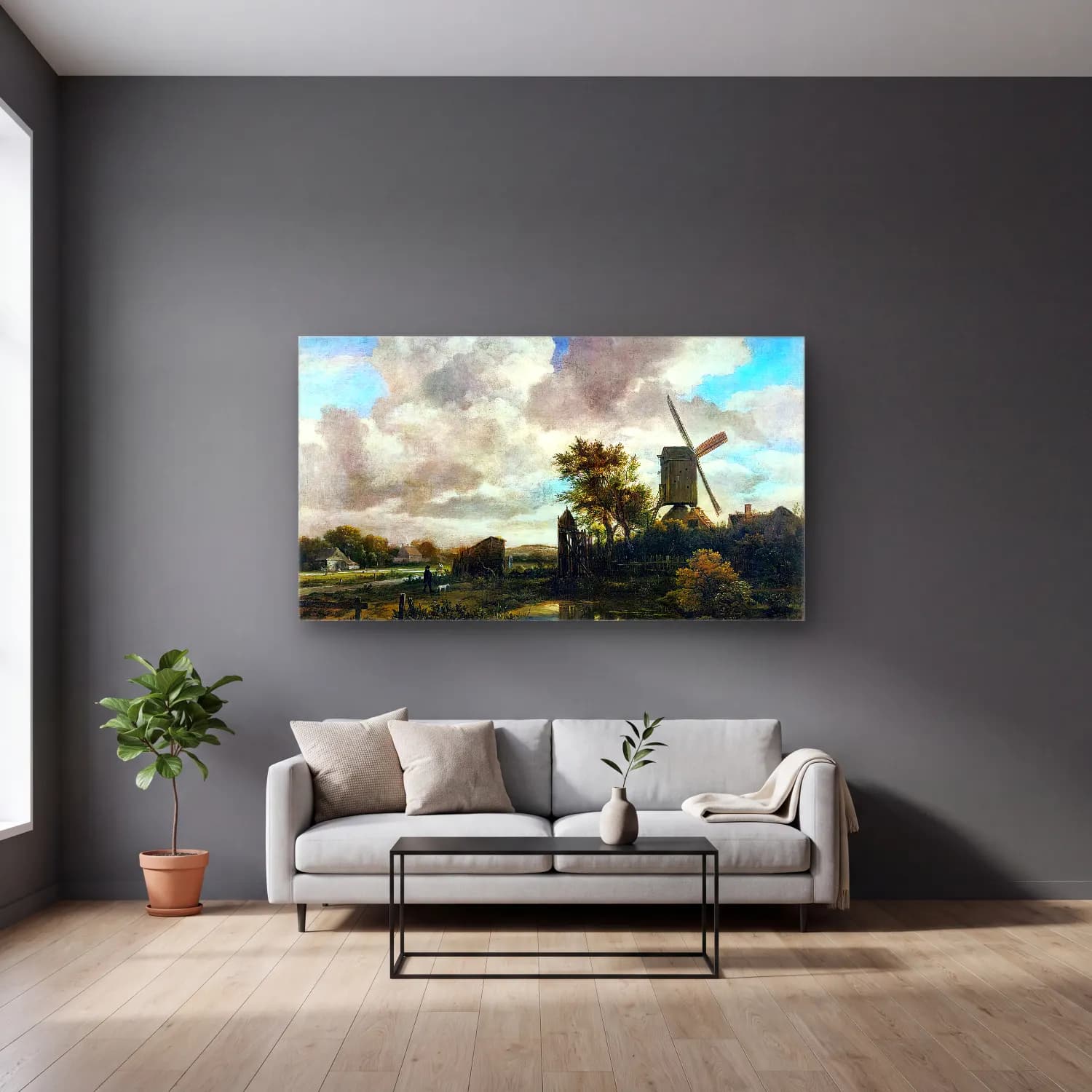 Jacob Isaackszon van Ruisdael – Evening Landscape A Windmill by a Stream cam tablo — gri duvarlı salonda