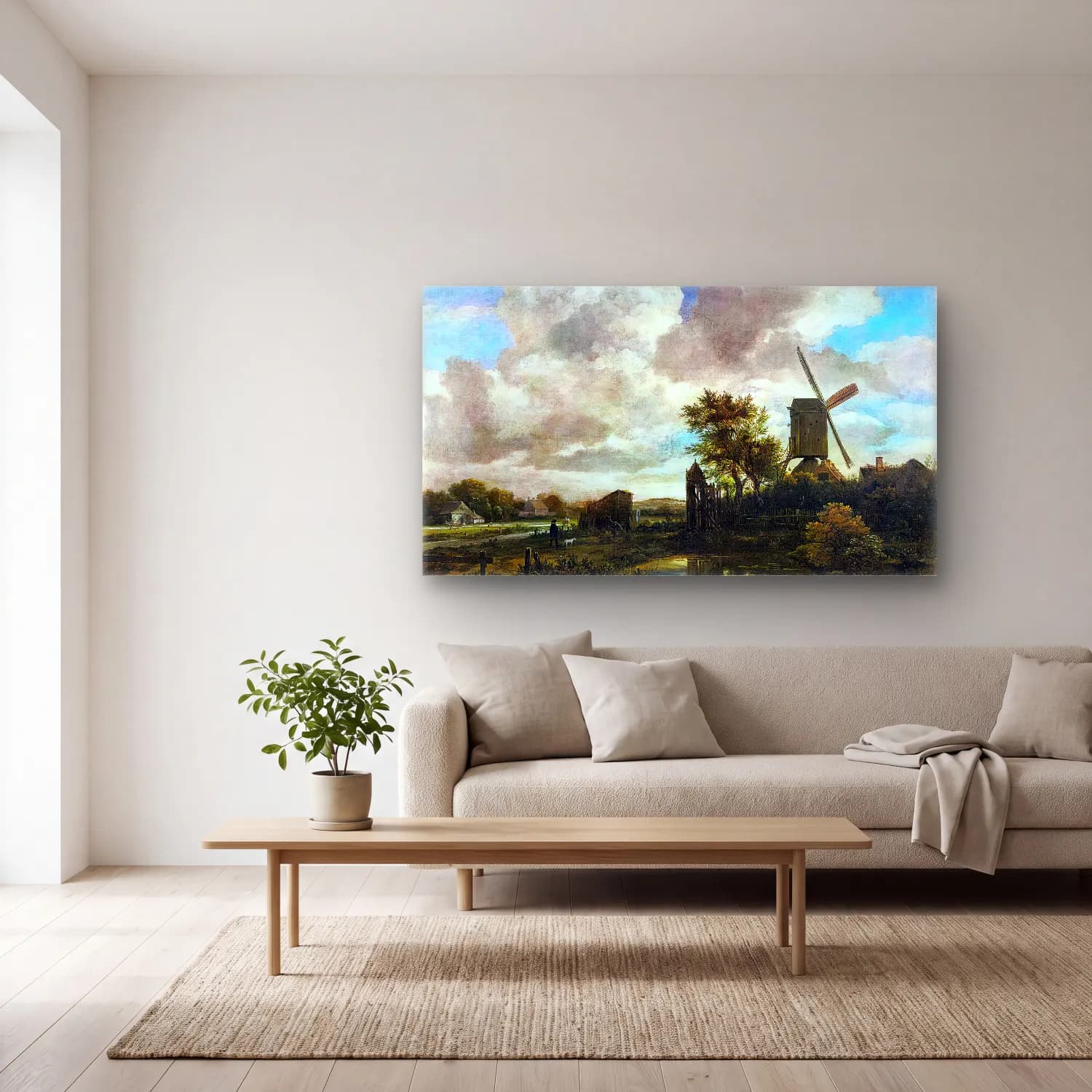 Jacob Isaackszon van Ruisdael – Evening Landscape A Windmill by a Stream cam tablo — açık renk salonda