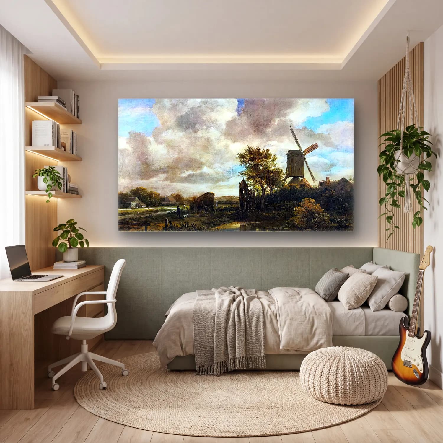 Jacob Isaackszon van Ruisdael – Evening Landscape A Windmill by a Stream cam tablo — genç odasında