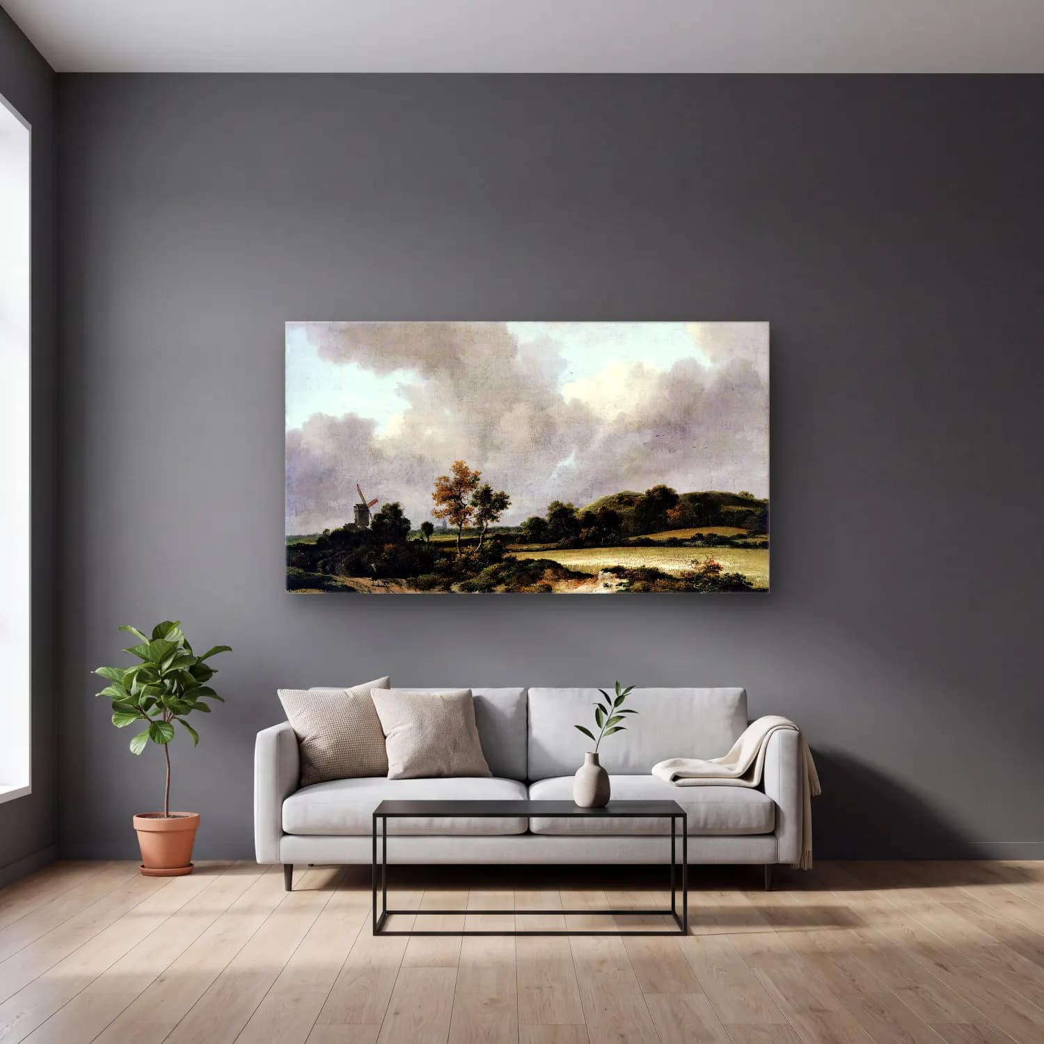 Jacob Isaackszon van Ruisdael – Grainfields cam tablo — gri duvarlı salonda