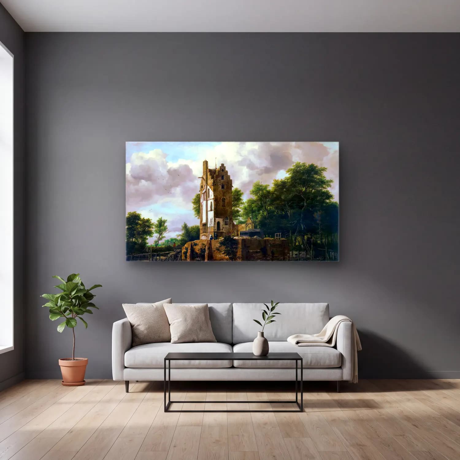 Jacob Isaackszon van Ruisdael – Huis Kostverloren on the Amstel River cam tablo — gri duvarlı salonda