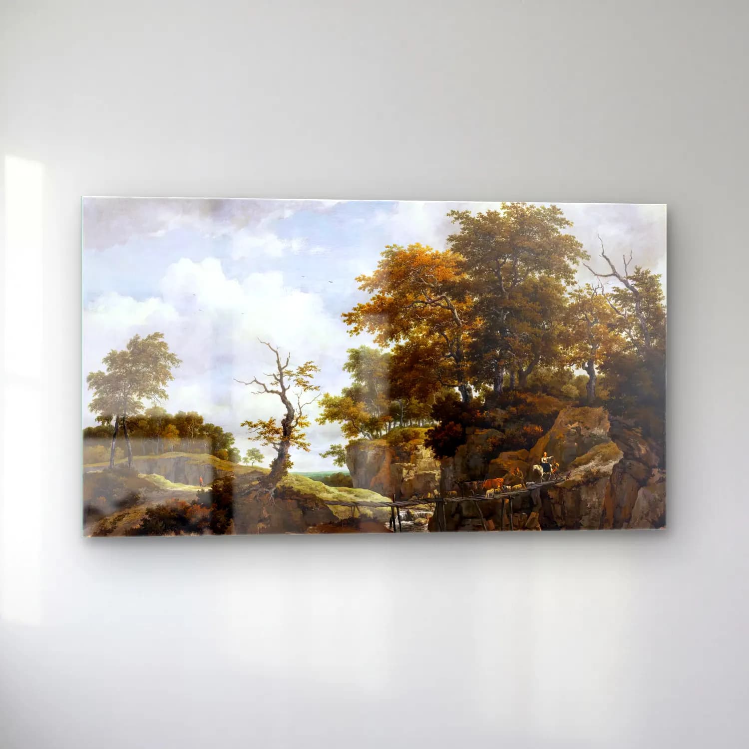 Jacob Isaackszon van Ruisdael – Landscape with Bridge, Cattle, and Figures cam tablo — sol açıdan görünüm