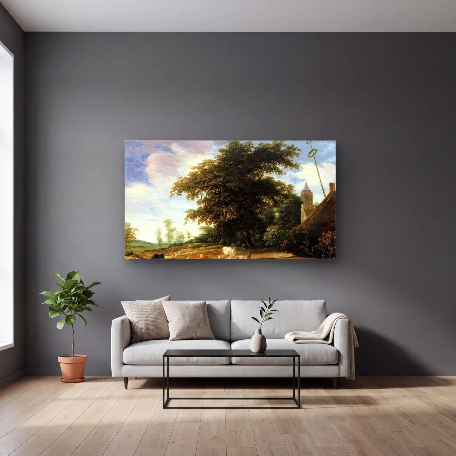 Jacob Isaackszon van Ruisdael – Landscape with Cattle cam tablo — gri duvarlı salonda