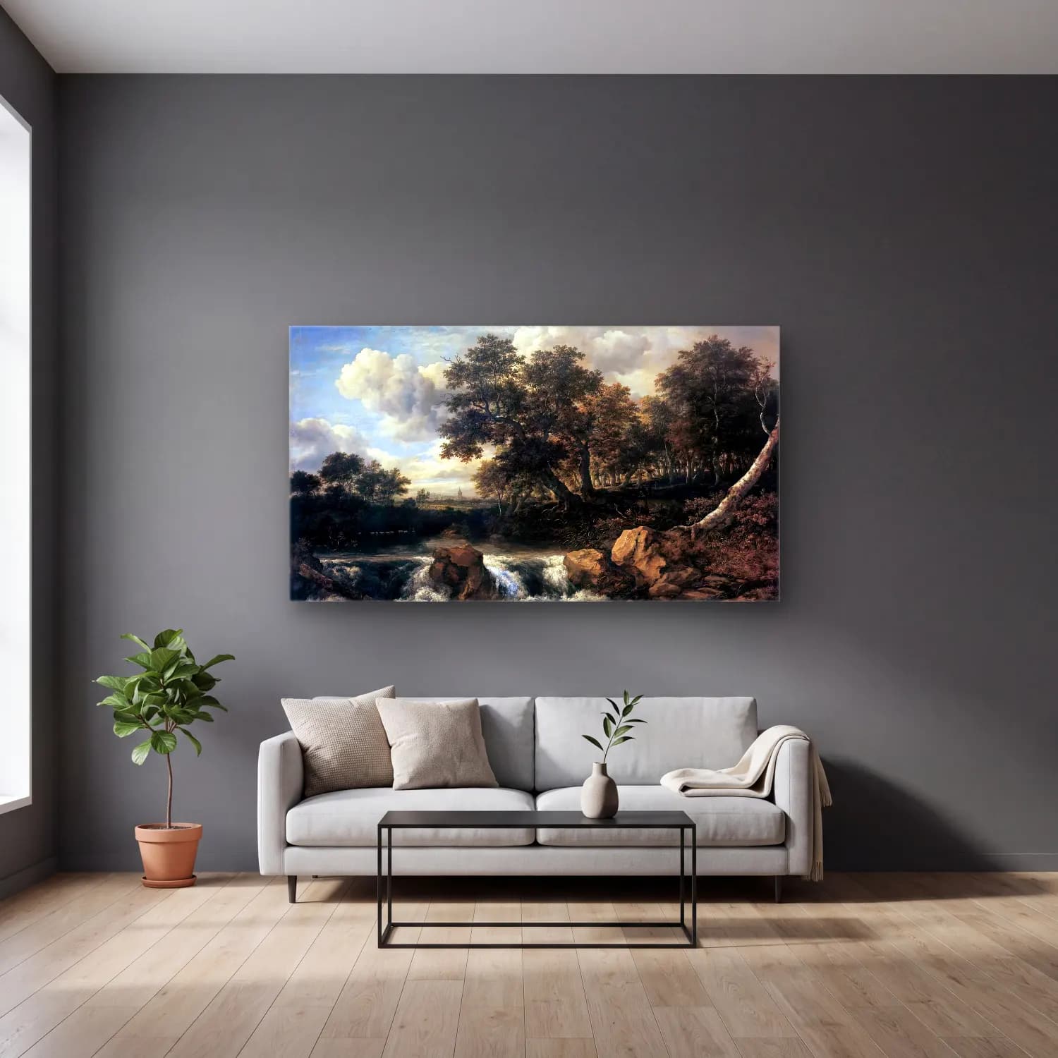 Jacob Isaackszon van Ruisdael – Landscape with Waterfall cam tablo — gri duvarlı salonda