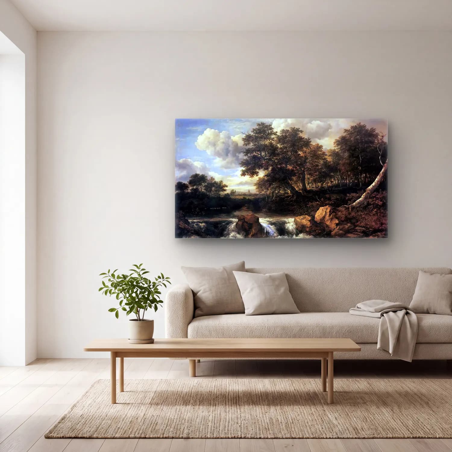 Jacob Isaackszon van Ruisdael – Landscape with Waterfall cam tablo — açık renk salonda