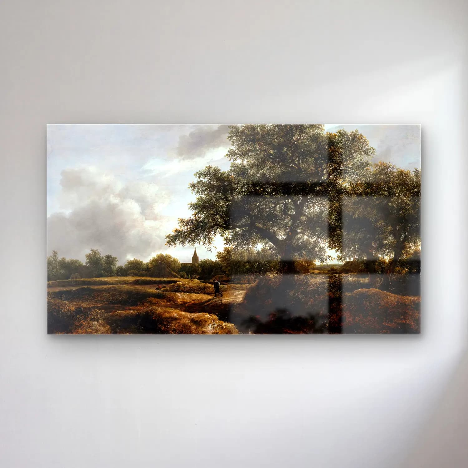 Jacob Isaackszon van Ruisdael – Landscape with a Village in the Distance cam tablo — Jacob Isaackszon van Ruisdael – Landscape with a Village in the Distance — yağlı boya kırda nehir