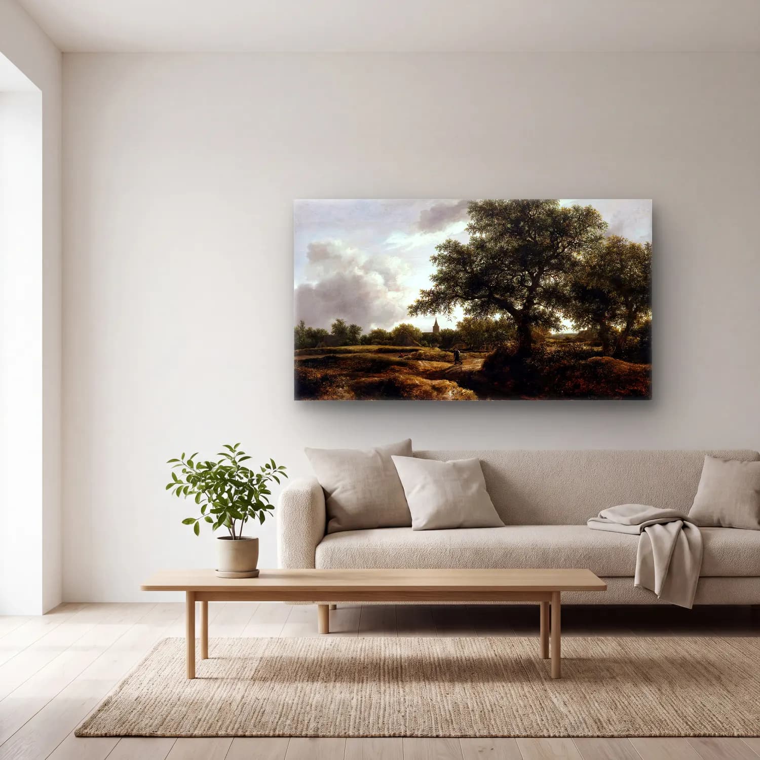 Jacob Isaackszon van Ruisdael – Landscape with a Village in the Distance cam tablo — açık renk salonda