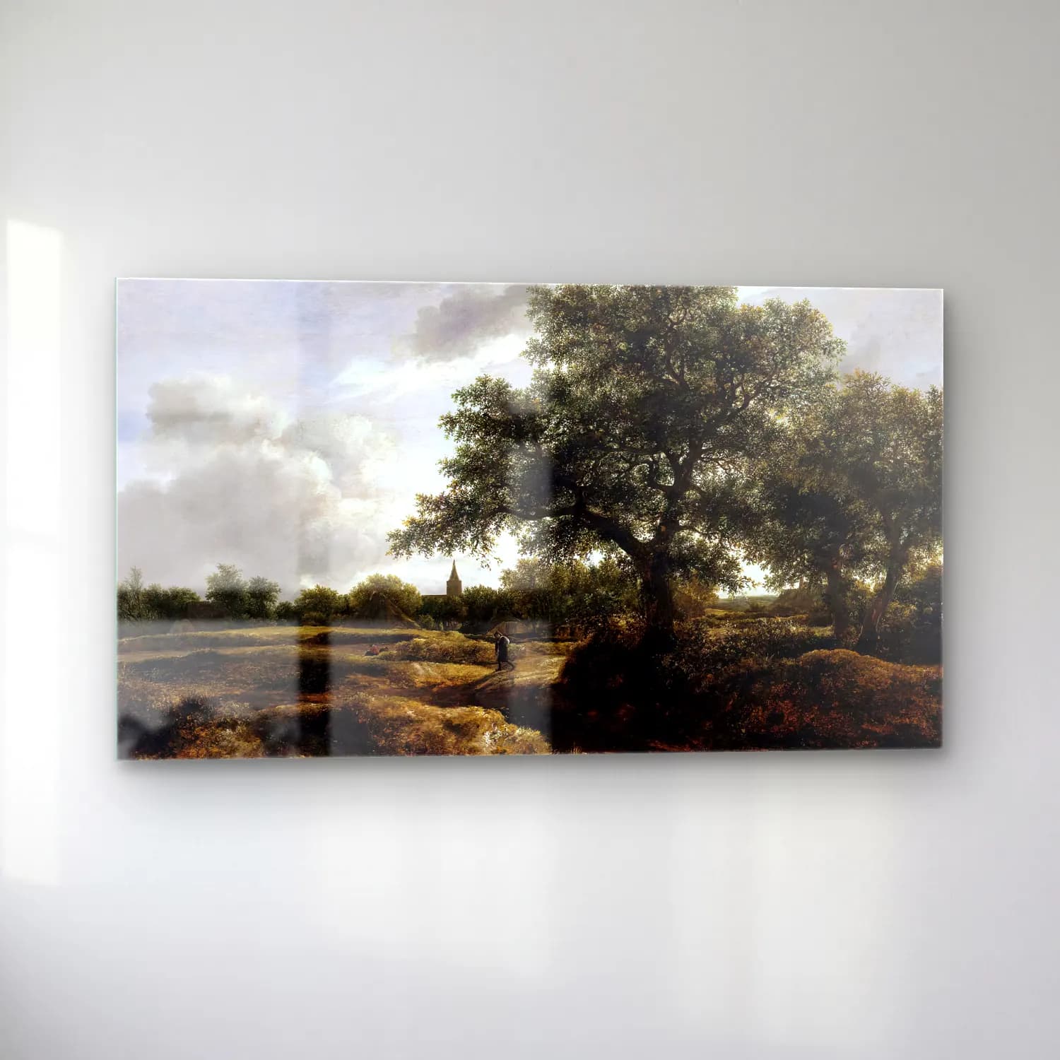 Jacob Isaackszon van Ruisdael – Landscape with a Village in the Distance cam tablo — sol açıdan görünüm