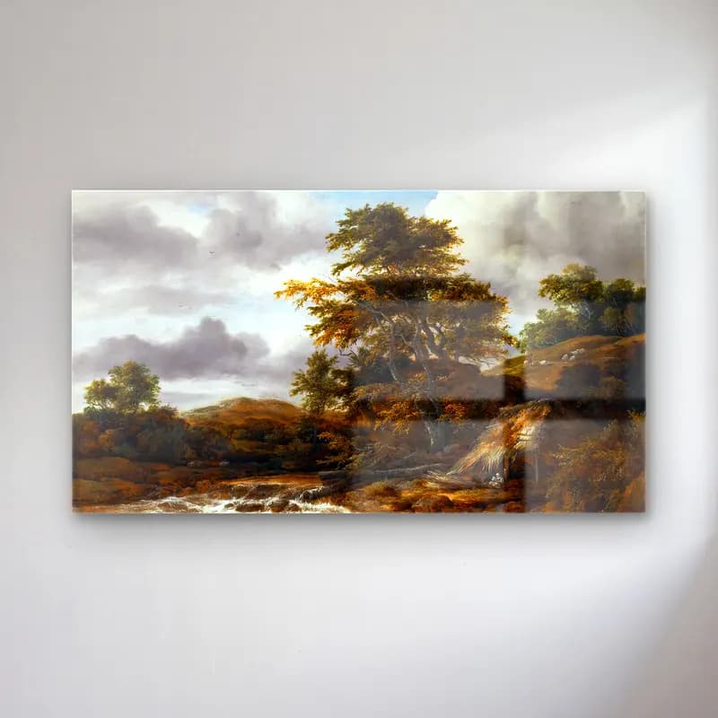 Jacob Isaackszon van Ruisdael – Low Waterfall in a Hilly Landscape cam tablo — Jacob Isaackszon van Ruisdael – Low Waterfall in a Hilly Landscape — yağlı boya kırda nehir