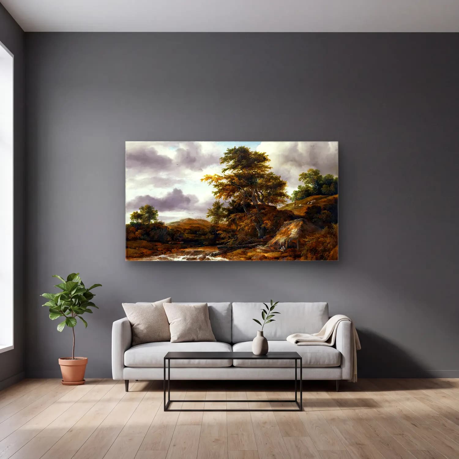 Jacob Isaackszon van Ruisdael – Low Waterfall in a Hilly Landscape cam tablo — gri duvarlı salonda